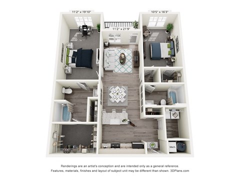 Floor plan for 2 beds, 2 baths, 1272 sqft
